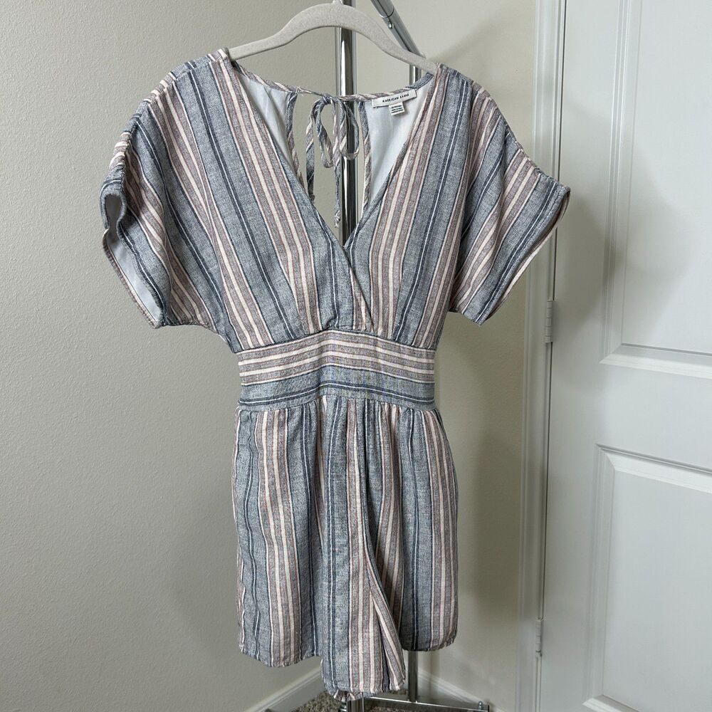 American Eagle Womens Stripe Romper XS Gray Cotton Linen Blend Tie Back Boho
